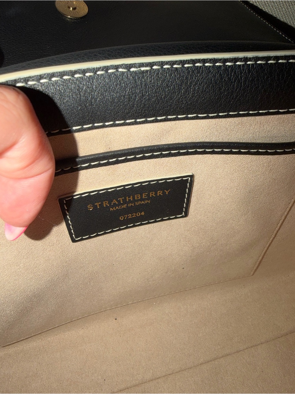 Strathberry Black and White Top Handle Satchel with Gold Hardware - Trinity Bag - Picture 5 of 10